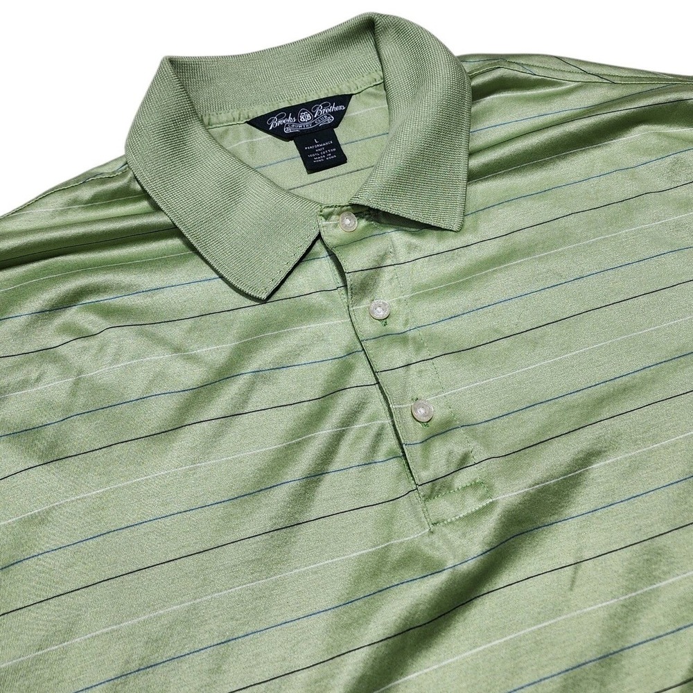 Brooks‎ Brothers Polo Shirt Mens Large Green Striped Performance Knit Golf Top